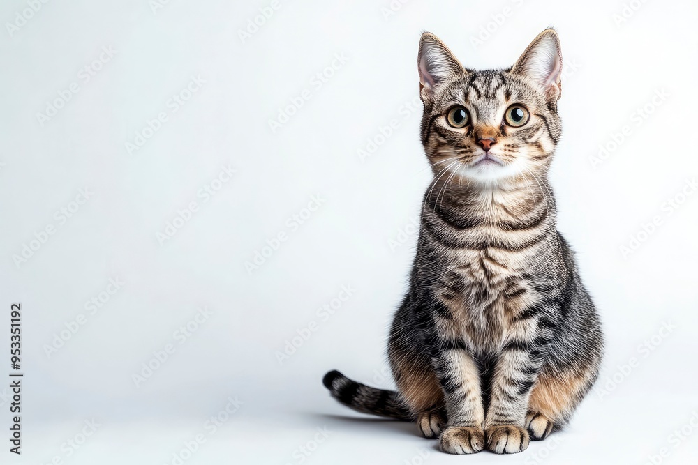 Studio portrait of a sitting tabby cat looking forward against a white backdground , ai Studio portrait of a sitting tabby cat looking forward against a white backdground , ai