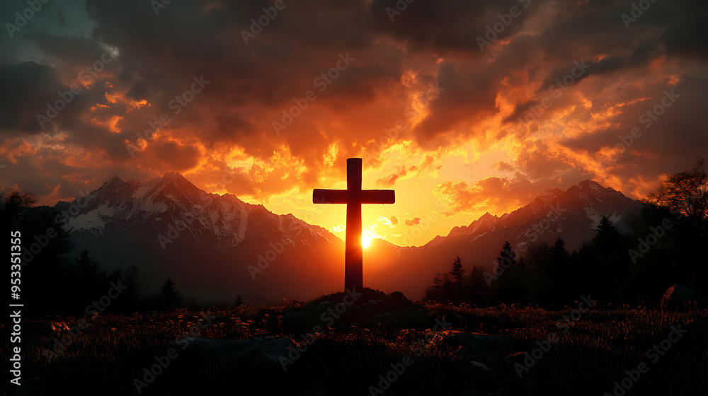 Silhouetted cross against a vibrant sunset over snowy mountain peaks.