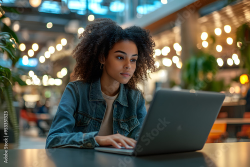 Young beautiful African American woman working laptop a modern workspace