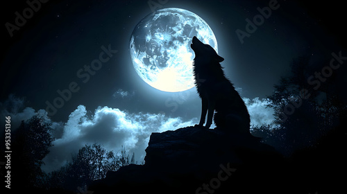 Silhouetted wolf howling at...