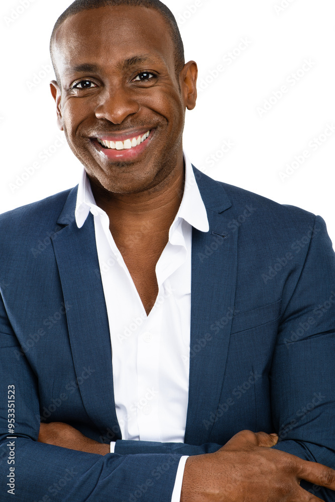 Portrait, arms crossed or African businessman in studio with smile, corporate career or experience. Face, confident investor or proud professional investment banker on white background for ambition Portrait, arms crossed or African businessman in studio with smile, corporate career or experience. Face, confident investor or proud professional investment banker on white background for ambition