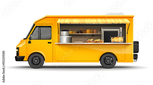 3d Yellow Realistic Food Truck isolated on white background. Takeaway food and drinks van mock up