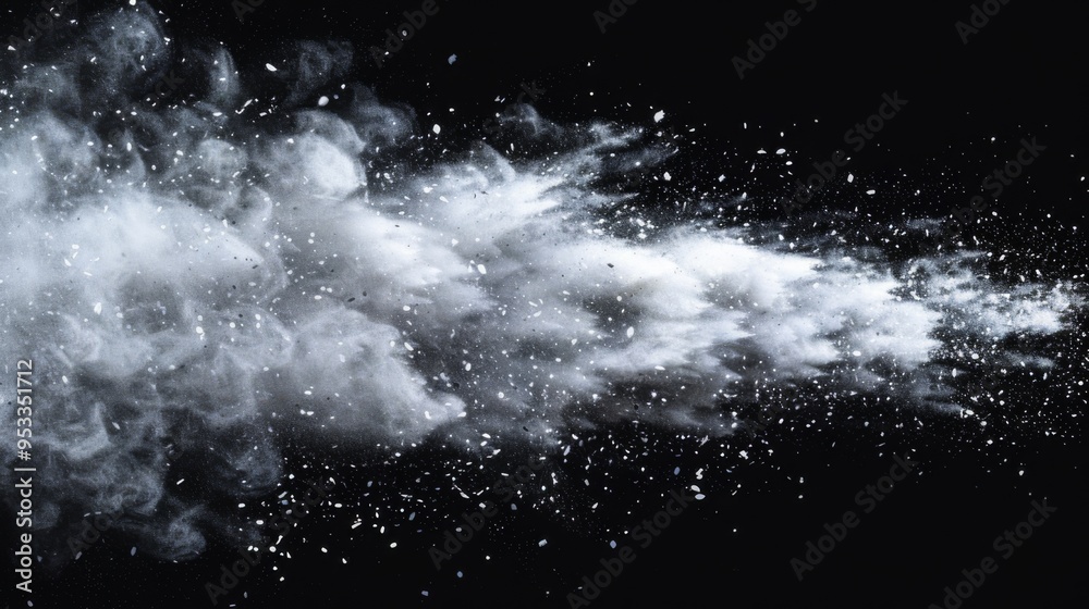 Snow explosion isolated on black background. Abstract dynamic cloud of white dust particles dispersing overlay design. Winter storm element creative collage. Snow explosion isolated on black background. Abstract dynamic cloud of white dust particles dispersing overlay design. Winter storm element creative collage.