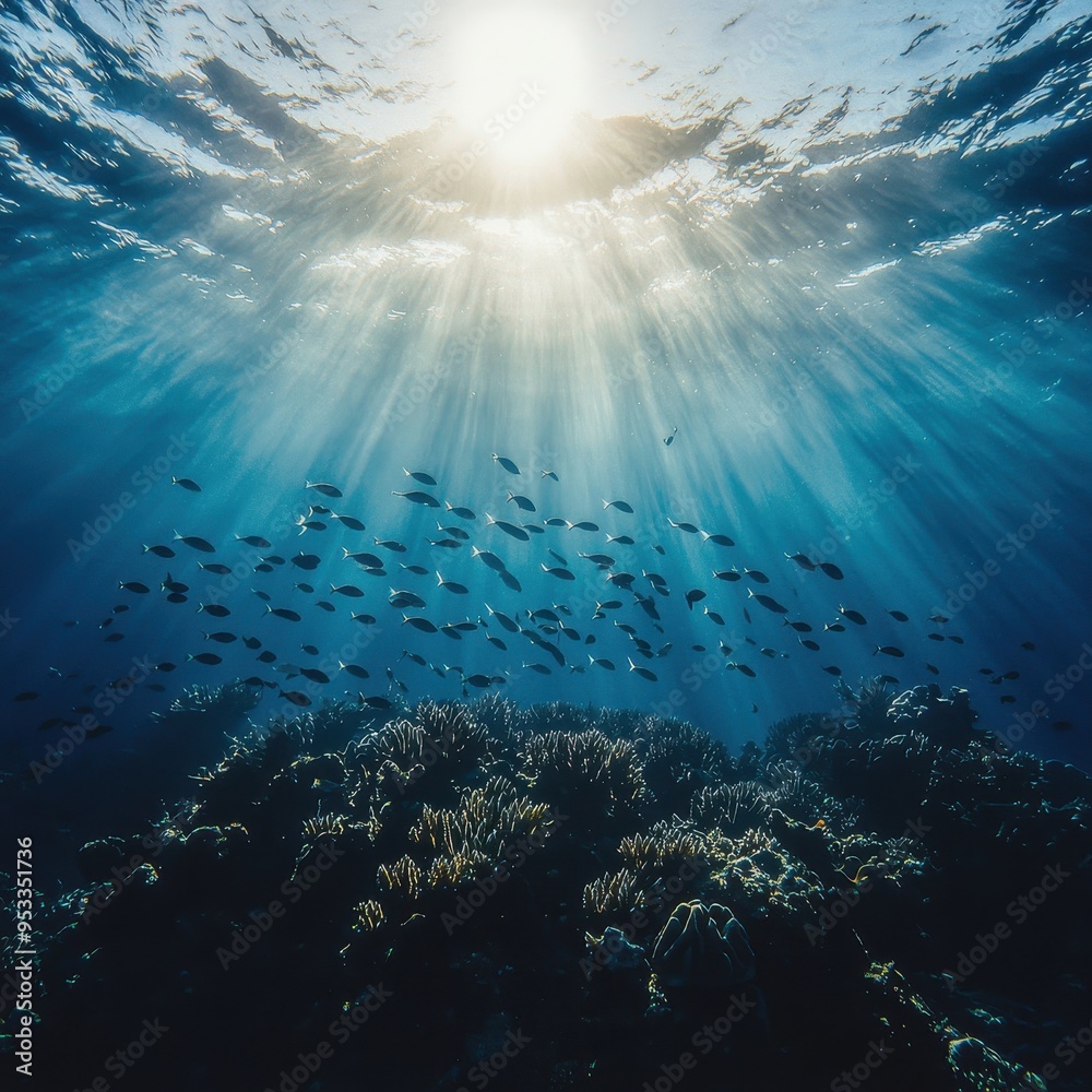 Obraz premium Underwater Sunlight Beams Through Blue Ocean Water With Fish and Coral Reef