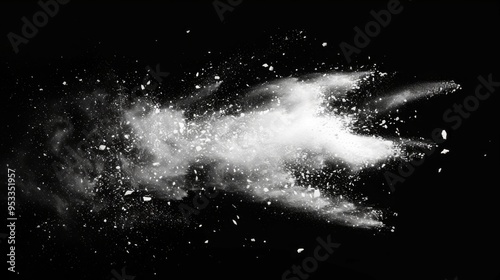 Snow explosion isolated on black background. Abstract dynamic cloud of white dust particles dispersing overlay design. Winter storm element creative collage.