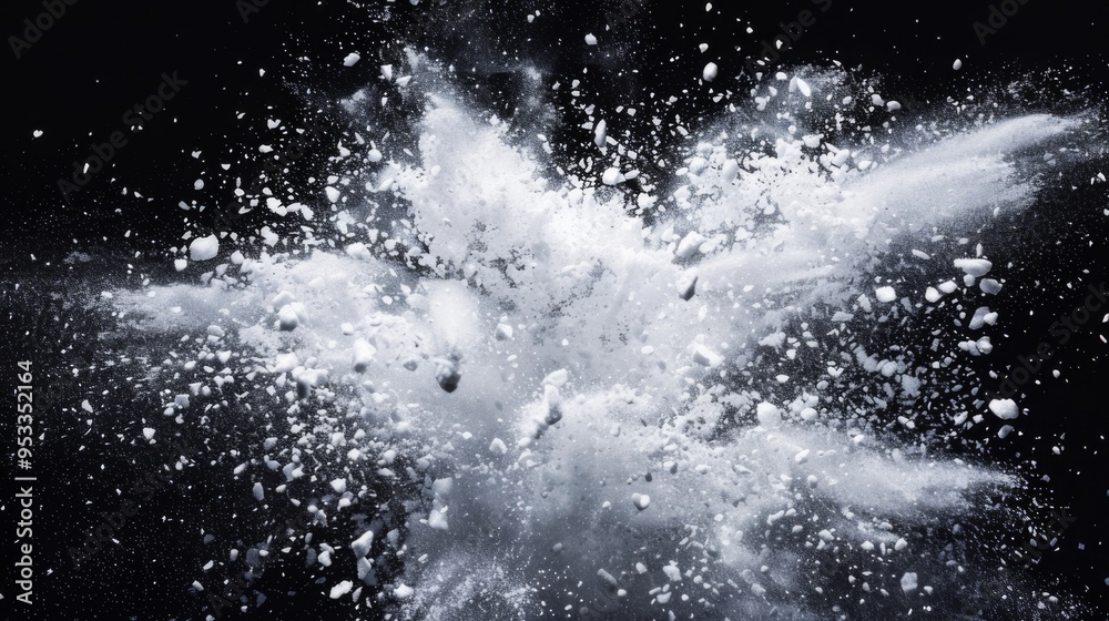 Snow explosion isolated on black background. Abstract dynamic cloud of white dust particles dispersing overlay design. Winter storm element creative collage. Snow explosion isolated on black background. Abstract dynamic cloud of white dust particles dispersing overlay design. Winter storm element creative collage.
