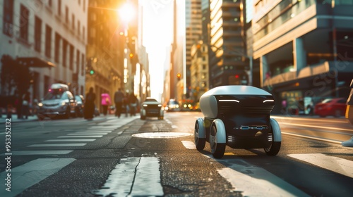 Futuristic autonomous delivery robot navigating a busy urban street during sunset, showcasing modern technology in daily life.