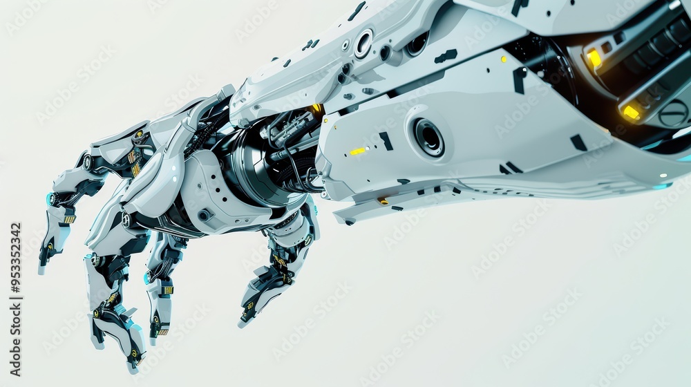 Obraz premium Futuristic robotic hand with intricate design and technology, showcasing innovation and advanced engineering in a clean aesthetic.