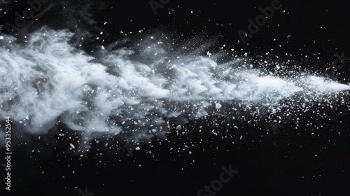 Snow explosion isolated on black background. Abstract dynamic cloud of white dust particles dispersing overlay design. Winter storm element creative collage.