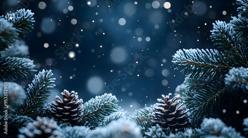 Snowy pine branches with pi...