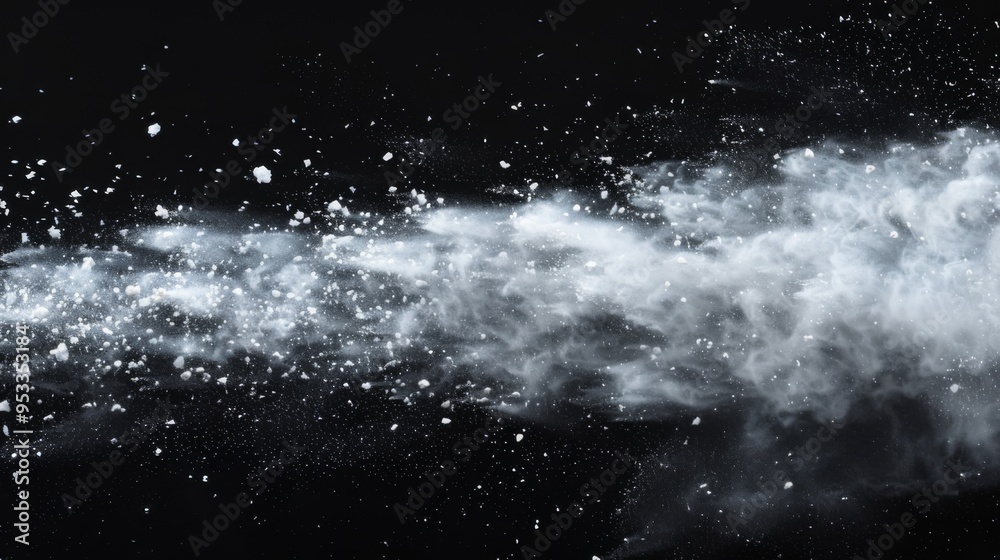Snow explosion isolated on black background. Abstract dynamic cloud of white dust particles dispersing overlay design. Winter storm element creative collage. Snow explosion isolated on black background. Abstract dynamic cloud of white dust particles dispersing overlay design. Winter storm element creative collage.