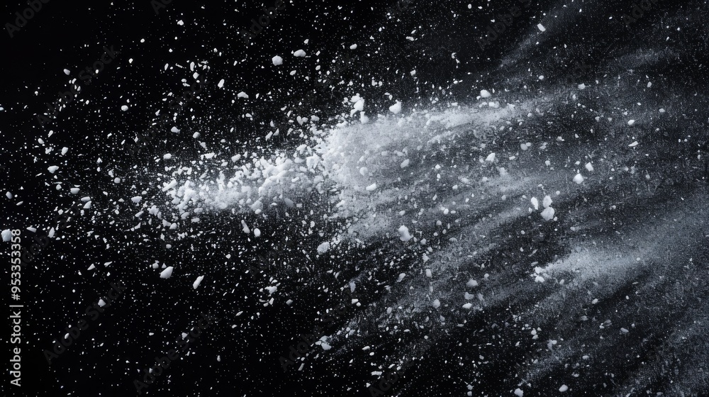Snow explosion isolated on black background. Abstract dynamic cloud of white dust particles dispersing overlay design. Winter storm element creative collage. Snow explosion isolated on black background. Abstract dynamic cloud of white dust particles dispersing overlay design. Winter storm element creative collage.