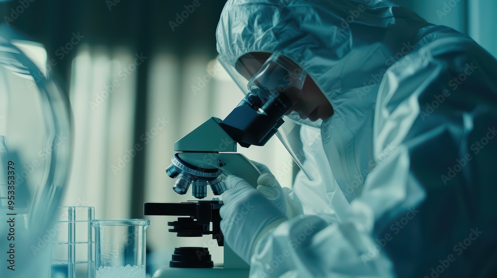 Scientist examining samples under a microscope in a laboratory setting with a focus on research and discovery. Scientist examining samples under a microscope in a laboratory setting with a focus on research and discovery.