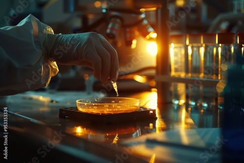 Scientist conducting research in a modern laboratory with pipette and petri dish at sunset, highlighting innovation and discovery.