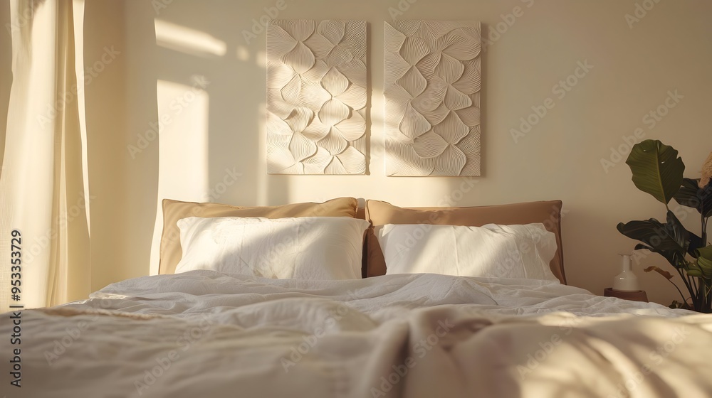 Cozy and Serene Bedroom Oasis with Warm Sunlight and Minimal Decor
