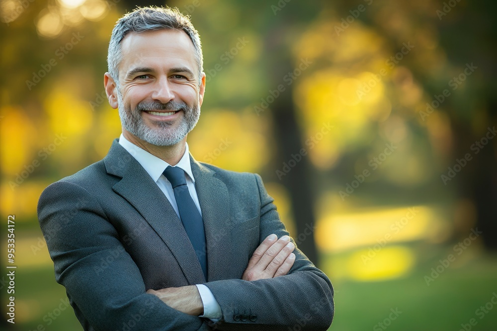 Happy middle aged business man entrepreneur looking at camera outdoors. Smiling confident mature businessman professional executive, successful lawyer wearing suit standing arms crossed, portrai , ai Happy middle aged business man entrepreneur looking at camera outdoors. Smiling confident mature businessman professional executive, successful lawyer wearing suit standing arms crossed, portrai , ai