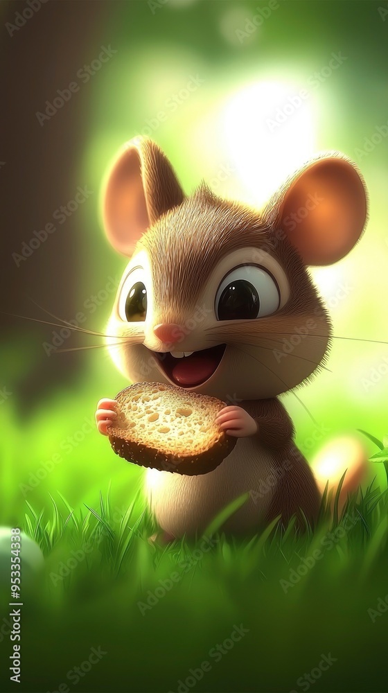 Adorable Cartoon Mouse Eating Bread in Grassy Meadow Adorable Cartoon Mouse Eating Bread in Grassy Meadow