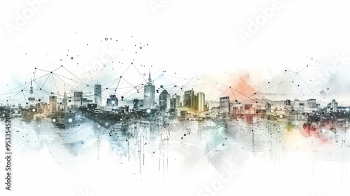 Vibrant abstract city skyline with digital connections, showcasing modern architecture and artistic elements in colorful design.