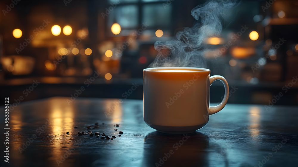 Steaming cup of coffee on wooden table with blurred lights. Steaming cup of coffee on wooden table with blurred lights.