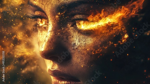 A face shedding tears that create worlds of beauty and light, while the other eye cries flames that incinerate, symbolizing creation