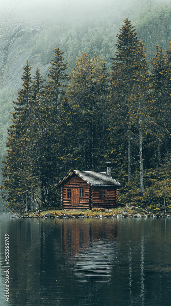 Obraz premium A solitary cabin nestled amidst a misty forest, its reflection shimmering on the tranquil lake, whispering tales of solitude and wilderness.