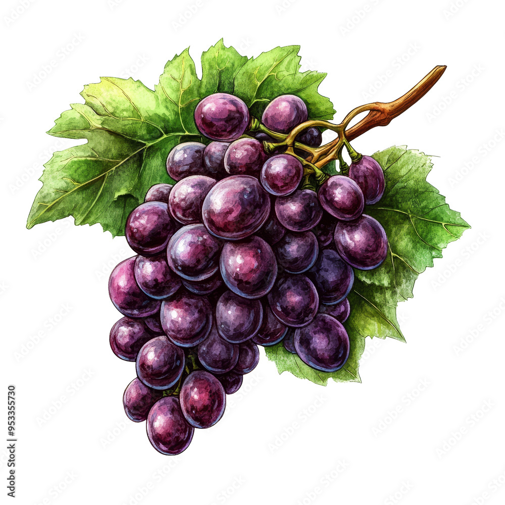Fototapeta premium A cluster of beautiful purple grapes with lush green leaves, perfect for illustrations, recipes, or food-related themes, bunch of grapesillustrationisolated on PNG