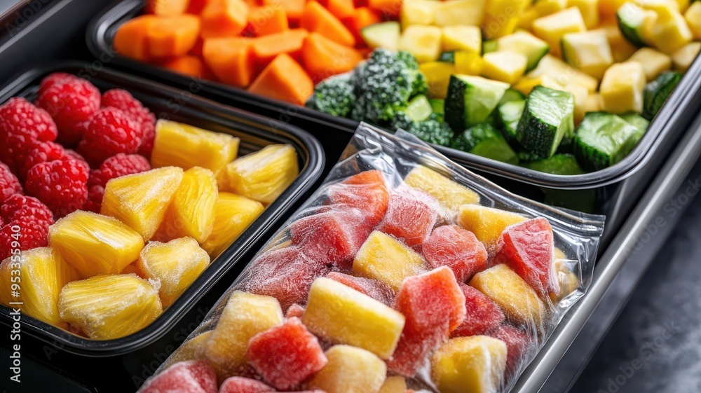 Frozen fruit bag next to a bag of frozen vegetables in a freezer, Mixed frozen produce, Balanced meal prep Frozen fruit bag next to a bag of frozen vegetables in a freezer, Mixed frozen produce, Balanced meal prep