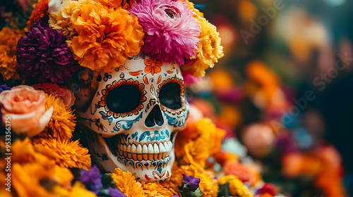 Sugar Skull Decorated with Flowers for Day of the Dead.