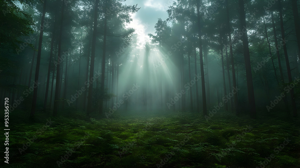 Obraz premium Sunbeams pierce through the misty forest canopy, illuminating the forest floor with a magical glow.