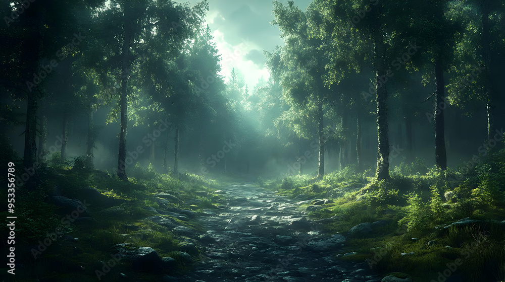 Sunbeams through dense forest foliage illuminate a rocky path. Sunbeams through dense forest foliage illuminate a rocky path.