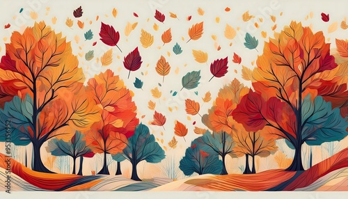 Falling Leaves Design - watercolor autumn illustration with colorful autumn trees. Graphic art illustration card