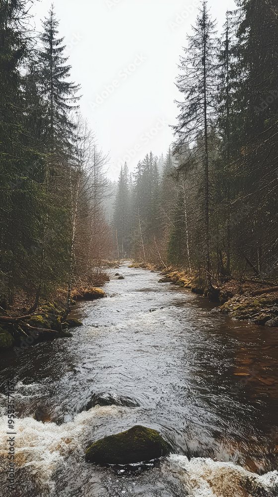 A Serene River Flows Through a Misty Forest, a Tranquil Escape into Nature's Embrace. A Serene River Flows Through a Misty Forest, a Tranquil Escape into Nature's Embrace.