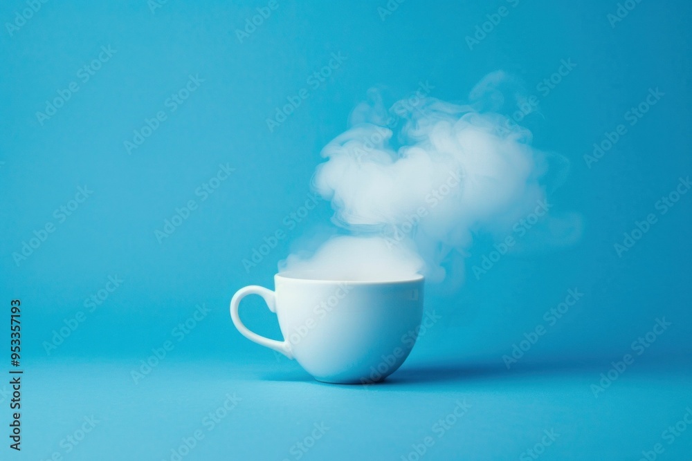 A steaming white cup on a vibrant blue background, creating a calming and refreshing atmosphere with soft steam rising from the cup