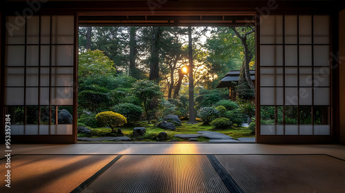 Sunlight streams through open shoji screens onto a tatami mat floor, revealing a tranquil Japanese garden with lush greenery.