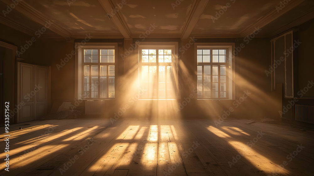 Sunlight streams through windows in a large, empty room.