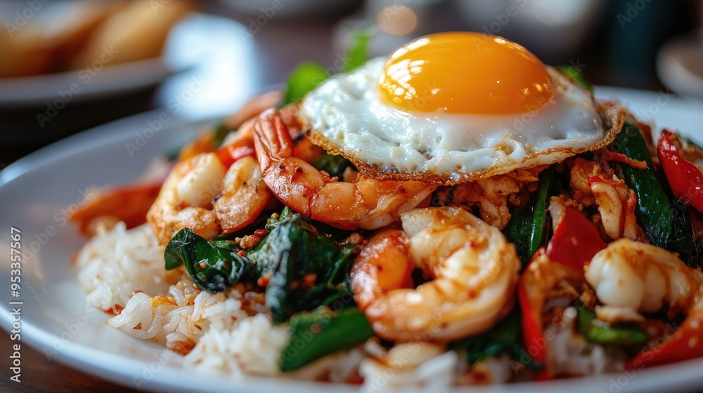 Close-up of spicy stir-fried basil with seafood on rice, garnished with a Thai fried egg, capturing the vibrant colors
