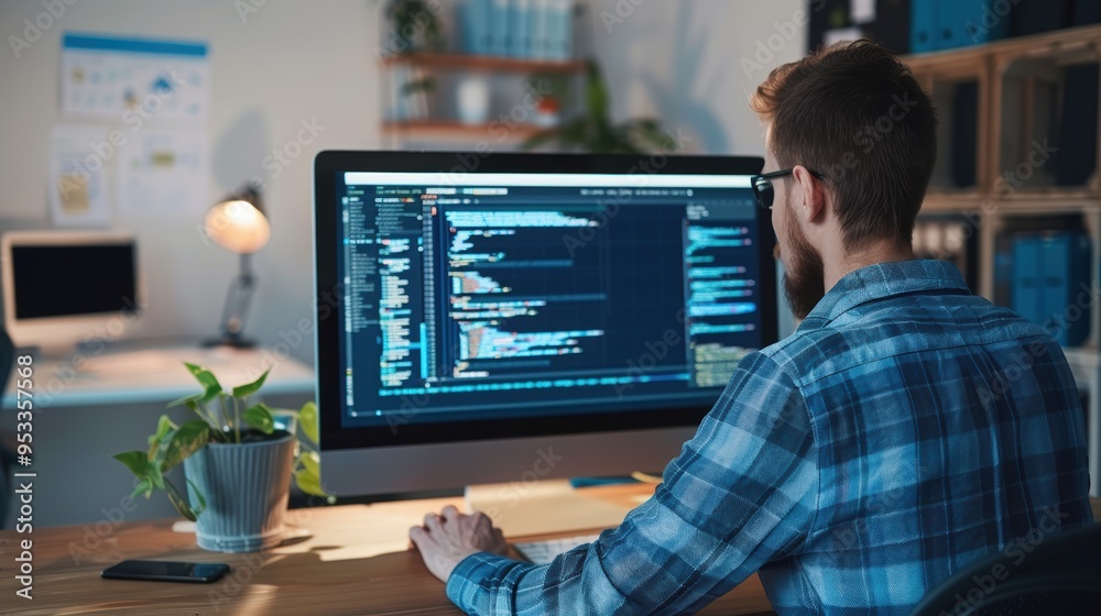 A programmer coding vision-enhancing algorithms on a high-resolution monitor, with expansion project blueprints in the background