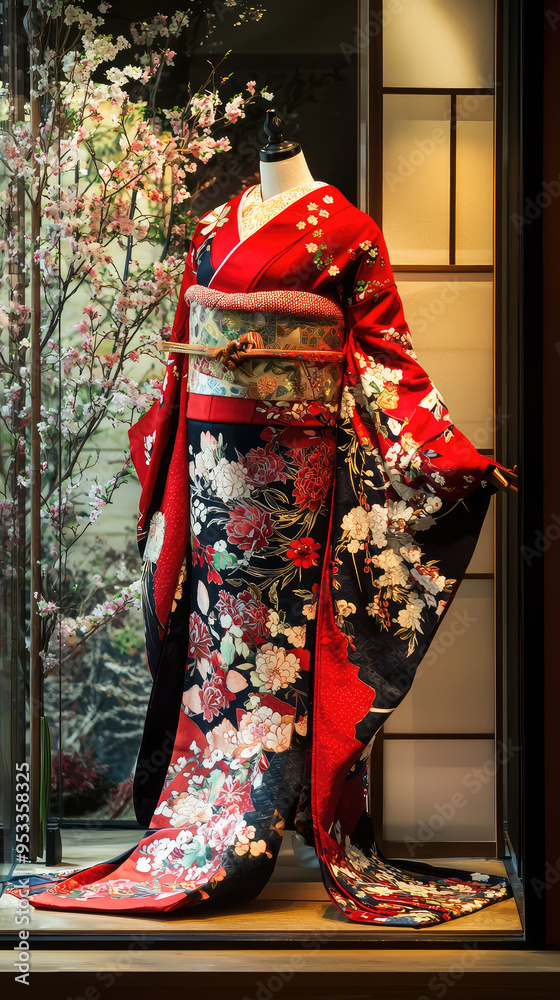 A vibrant red and black kimono, adorned with delicate floral patterns, is displayed in a storefront window, evoking a sense of elegance and tradition. A vibrant red and black kimono, adorned with delicate floral patterns, is displayed in a storefront window, evoking a sense of elegance and tradition.