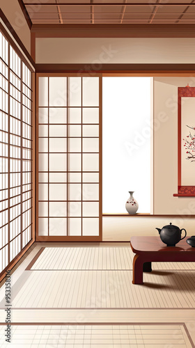 Tranquility in a Japanese Tea Room: Minimalist Design with Sliding Doors, Tatami Mats, and a Delicate Vase.