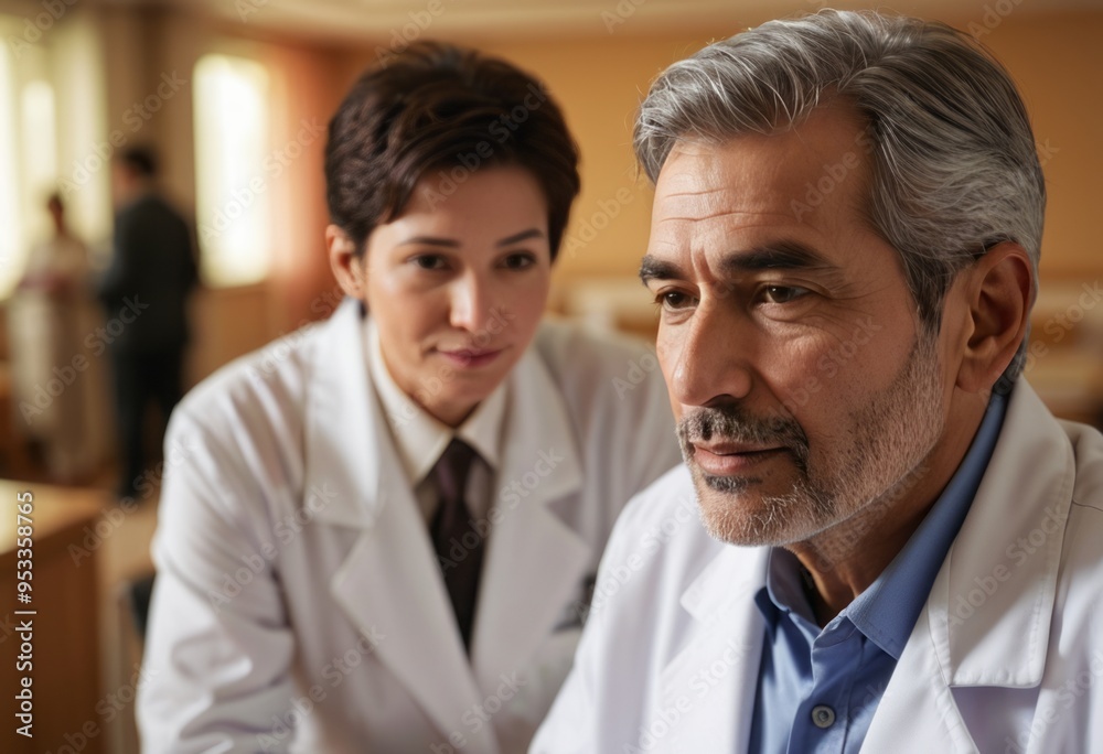 A senior doctor mentoring a younger colleague in a hospital setting, focusing on guidance and professional development. A senior doctor mentoring a younger colleague in a hospital setting, focusing on guidance and professional development.