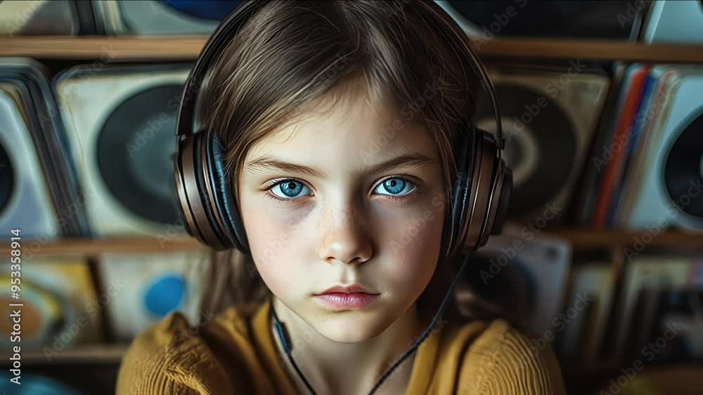 a young girl listening music with headset in a vintage vinyl records shop