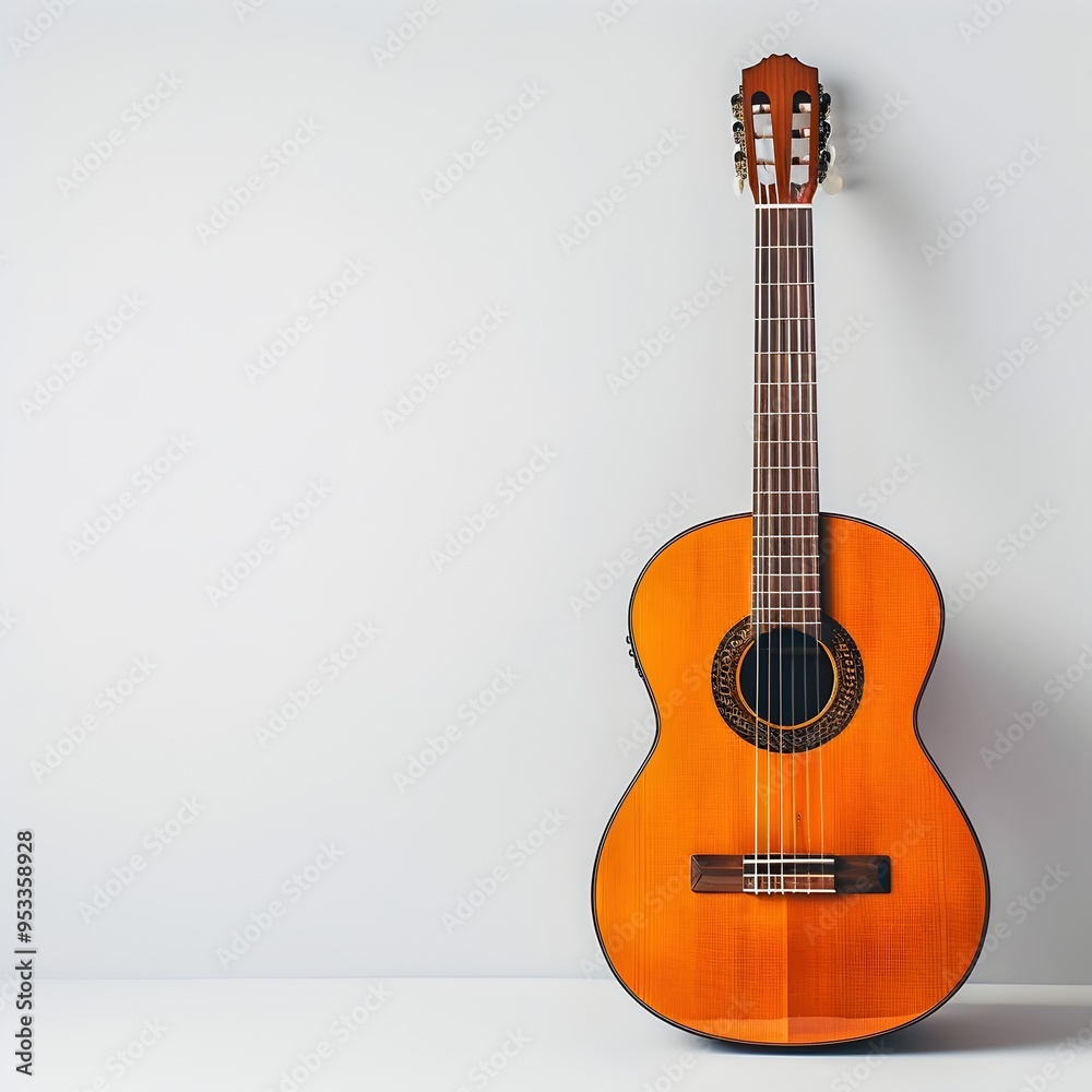 Obraz premium Classic Acoustic Guitar on Minimalist White Background Representing Music and Creativity
