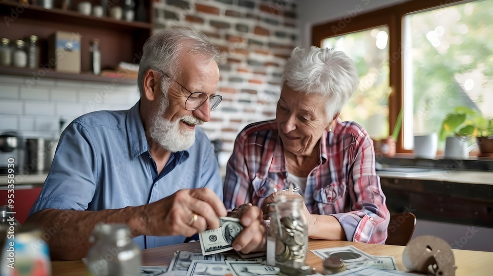 Satisfied Elderly Couple Carefully Counting Money at Home Table Satisfied Elderly Couple Carefully Counting Money at Home Table