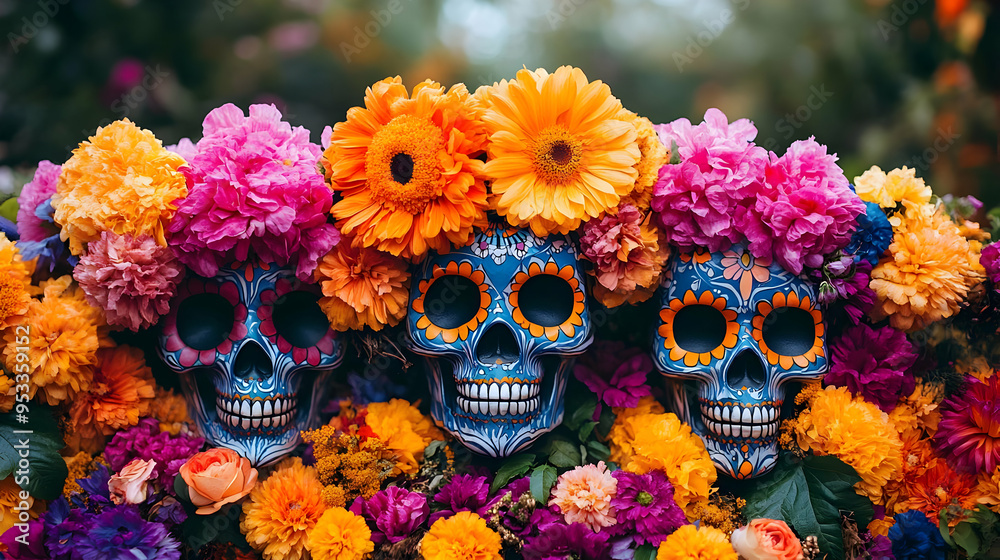 Three colorful sugar skulls surrounded by bright flowers. Three colorful sugar skulls surrounded by bright flowers.