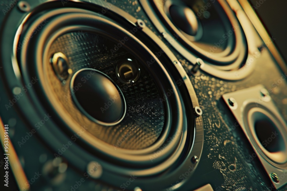 A detailed view of a pair of speakers with wires and controls visible