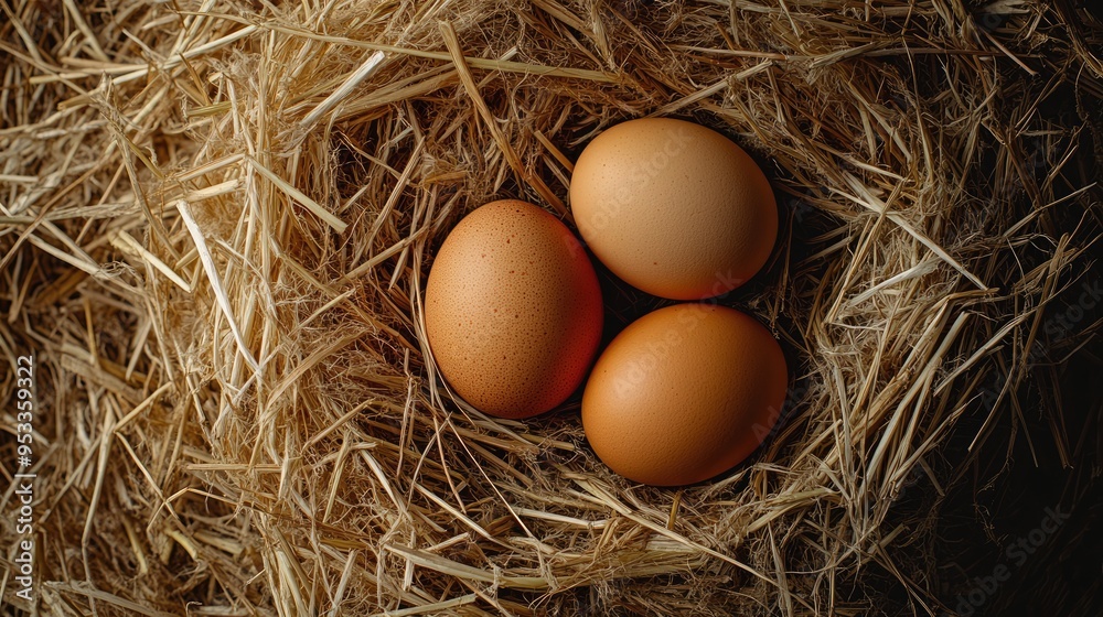 Raw Brown Chicken Eggs on Straw Raw Brown Chicken Eggs on Straw