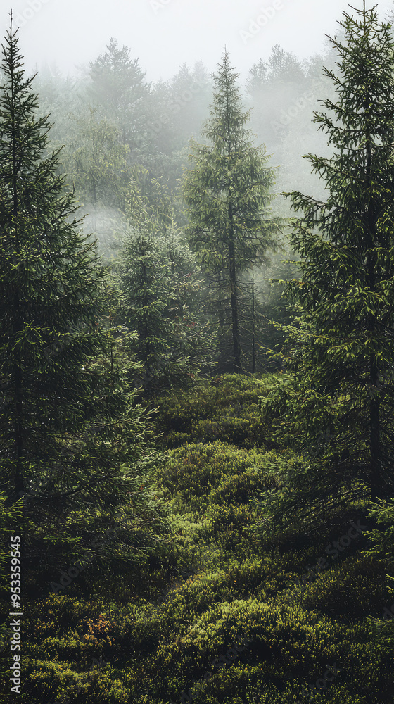 A Tranquil Morning: Sunlight Pierces Through the Misty Forest, Illuminating the Lush Green Canopy. A Tranquil Morning: Sunlight Pierces Through the Misty Forest, Illuminating the Lush Green Canopy.