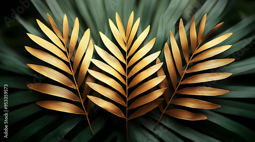 Three gold palm leaves on a...