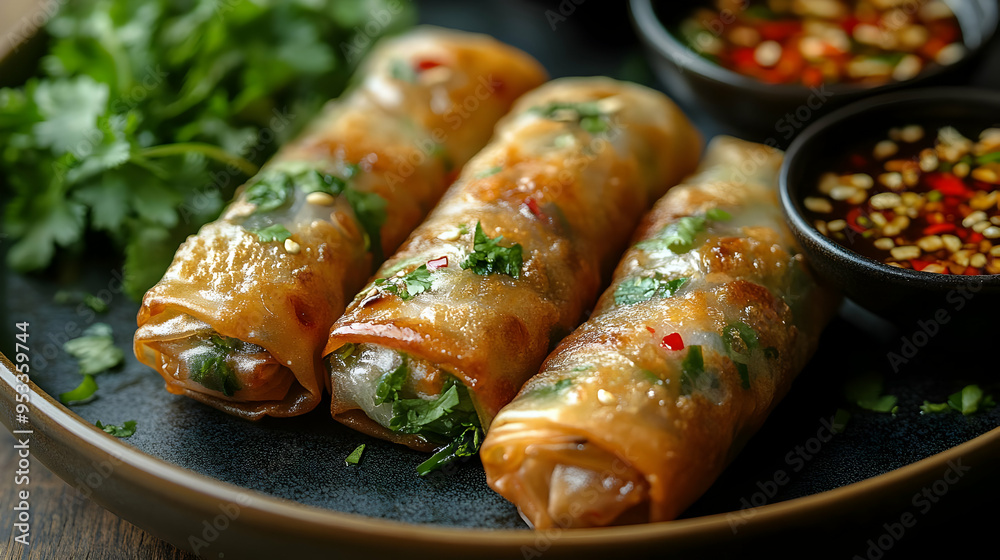 Three golden-brown spring rolls on a plate with a side of dipping sauce. Three golden-brown spring rolls on a plate with a side of dipping sauce.