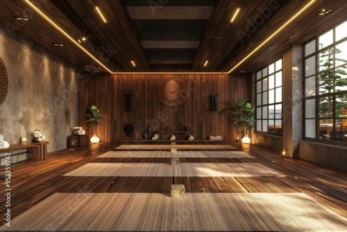 Empty yoga studio with wooden floor and big windows waiting for a yoga class to start